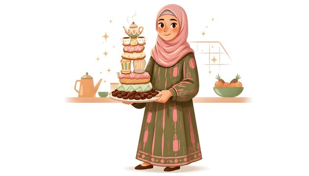 cute muslim woman in green hijab holding a beautiful tiered cake illustration