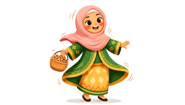 cute little muslim girl character in green hijab and traditional dress walking happily
