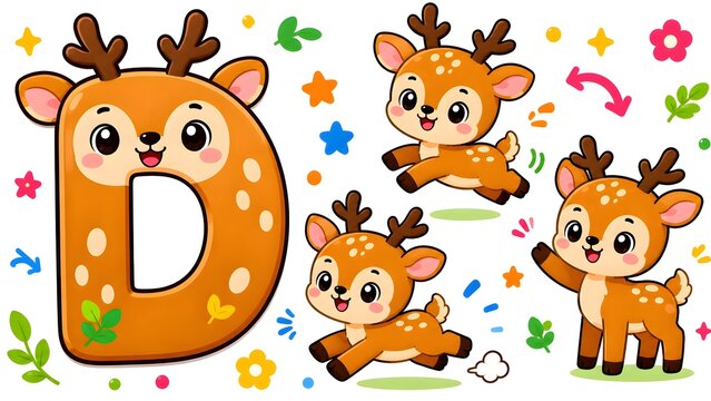 letter D alphabet flashcard set with cute deer cartoon character vector illustration