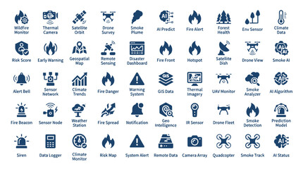 Wildfire and fire monitoring system, flat vector icons set, collection of modern symbols. © Tah