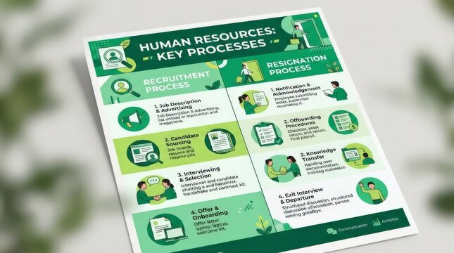 A printed flyer featuring an HR process flowchart. It details recruitment, resignation, and offboarding procedures with icons, shown on a blurred wooden surface with out-of-focus greenery