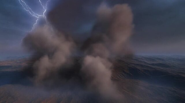 Volcanic Eruption with Lightning and Ash Cloud Over Ocean at Night.