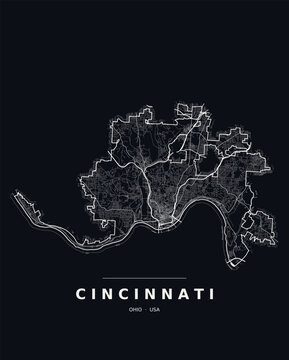 Cincinnati OH street map with the road network, highways and municipal boundary. Editable white line vector on a black background for dark mode slides and web design.