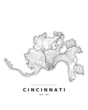 Cincinnati OH street map with the road network, highways and municipal boundary. Editable black line vector on a white background for poster print and travel guides.
