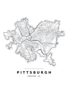 Pittsburgh PA street map with the road network, highways and municipal boundary. Editable black line vector on a white background for poster print and travel guides.