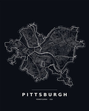 Pittsburgh PA street map with the road network, highways and municipal boundary. Editable white line vector on a black background for dark mode slides and web design.