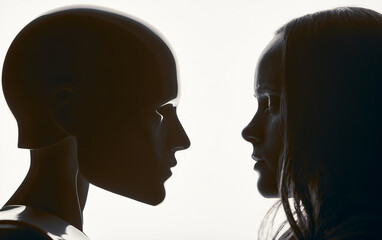 Fototapeta premium Silhouette of a human face facing a robotic head in profile against a dark background representing artificial intelligence interaction