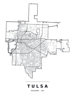 Tulsa OK street map with the road network, highways and municipal boundary. Editable black line vector on a white background for poster print and travel guides.