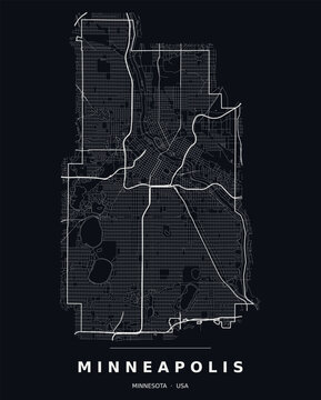 Minneapolis MN street map with the road network, highways and municipal boundary. Editable white line vector on a black background for dark mode slides and web design.
