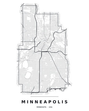 Minneapolis MN street map with the road network, highways and municipal boundary. Editable black line vector on a white background for poster print and travel guides.