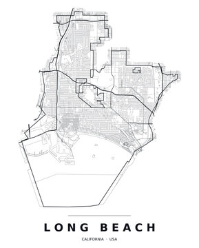Long Beach CA street map with the road network, highways and municipal boundary. Editable black line vector on a white background for poster print and travel guides.