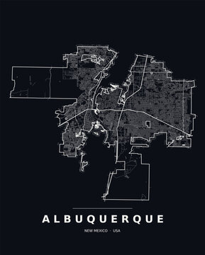 Albuquerque NM street map with the road network, highways and municipal boundary. Editable white line vector on a black background for dark mode slides and web design.