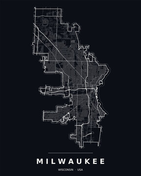 Milwaukee WI street map with the road network, highways and municipal boundary. Editable white line vector on a black background for dark mode slides and web design.