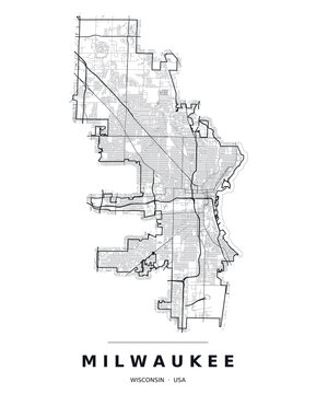 Milwaukee WI street map with the road network, highways and municipal boundary. Editable black line vector on a white background for poster print and travel guides.