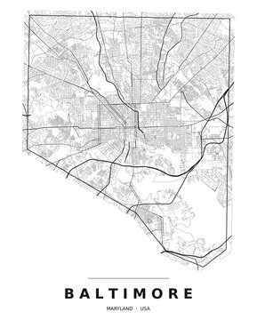 Baltimore MD street map with the road network, highways and municipal boundary. Editable black line vector on a white background for poster print and travel guides.