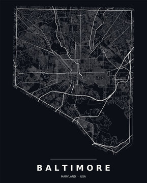 Baltimore MD street map with the road network, highways and municipal boundary. Editable white line vector on a black background for dark mode slides and web design.