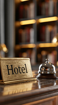 Hotel Reception Desk Bell: A classic hotel reception desk featuring a brass Hotel sign and a silver service bell, evoking a sense of timeless hospitality and a welcoming atmosphere.