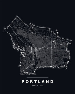 Portland OR street map with the road network, highways and municipal boundary. Editable white line vector on a black background for dark mode slides and web design.