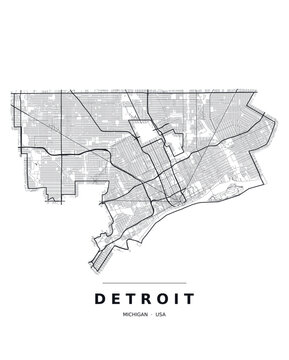 Detroit MI street map with the road network, highways and municipal boundary. Editable black line vector on a white background for poster print and travel guides.