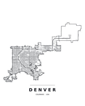 Denver CO street map with the road network, highways and municipal boundary. Editable black line vector on a white background for poster print and travel guides.