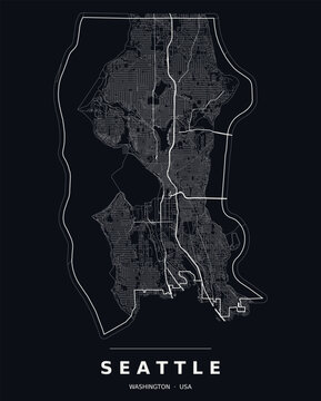 Seattle WA street map with the road network, highways and municipal boundary. Editable white line vector on a black background for dark mode slides and web design.