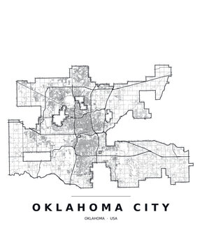 Oklahoma City OK street map with the road network, highways and municipal boundary. Editable black line vector on a white background for poster print and travel guides.