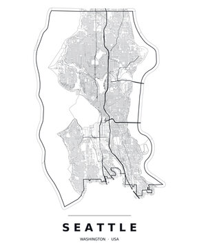 Seattle WA street map with the road network, highways and municipal boundary. Editable black line vector on a white background for poster print and travel guides.