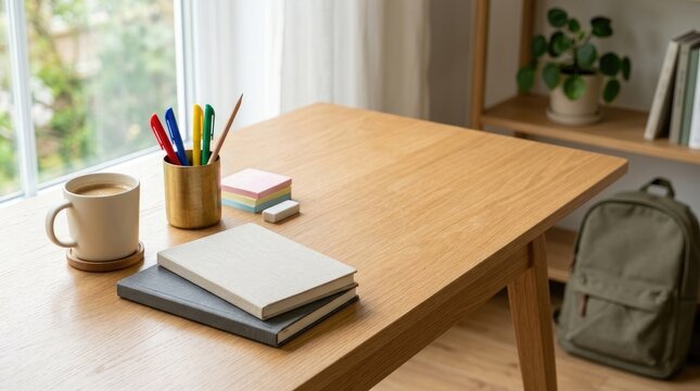Back to school study space cozy desk setup with coffee notebooks and school supplies