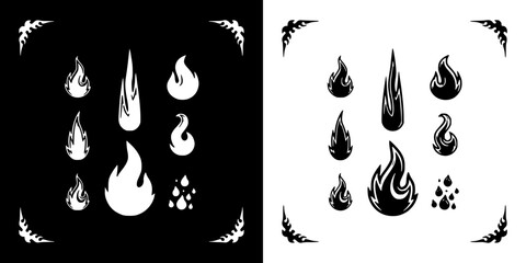 Obraz premium Flames in Two Distinct Styles, One on Black Background and One on White Background, with Decorative Elements