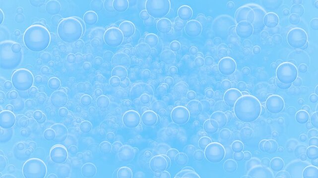 Blue bubble water floating transparent circles, fresh aqua color, soft glossy highlights, clean airy mood. bath , spa promos, hygiene ads, cosmetic clips, summer edits, playful motion overlays.