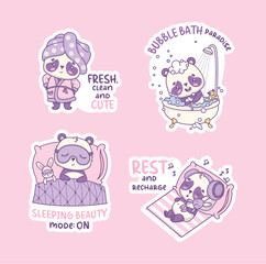 Panda Self-Care Sticker Set. Kawaii Animal Bathing In Foam. Sleeping Bear With Mask And Bunny. Relaxing Character With Headphones, Bathrobe And Towel. Beauty Routine. Isolated Vector Illustration.
