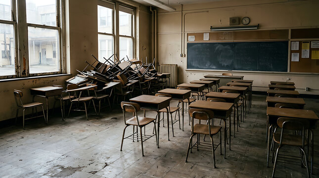 Abandoned classroom with old desks and debris on floor.