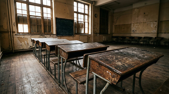 Abandoned classroom with old wooden desks and chairs 1.
