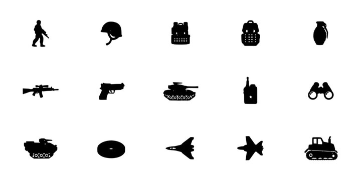 Military Icons Arranged in a Grid Pattern, Including Soldiers, Weapons, Vehicles, and Equipment Featuring Soldier, Helmet, Vest