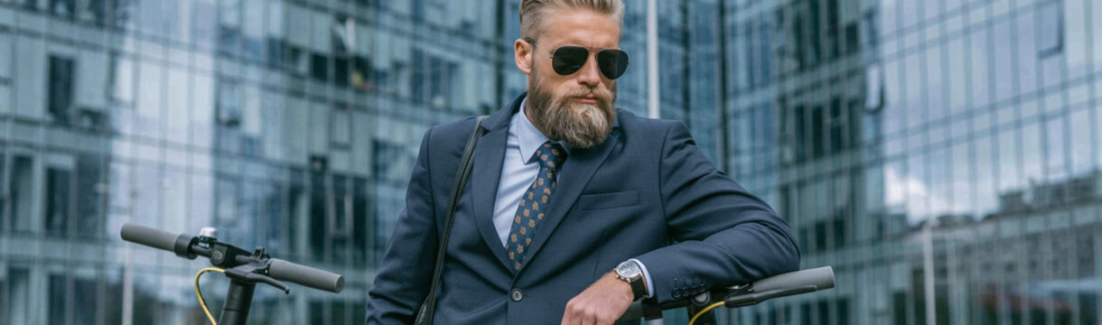 Urban Professional Mobility: A stylishly dressed man with a beard and sunglasses leans against an electric scooter.