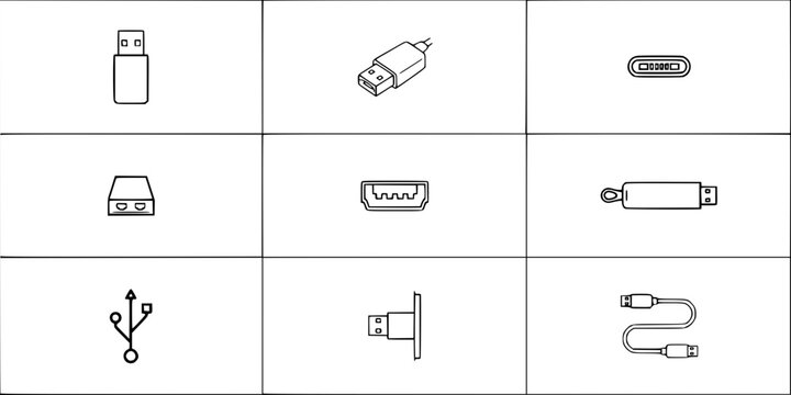 Usb Adapter Icons Set of Nine Outline Symbols for Device Connectivity, Data Transfer, and Charging Concept Design