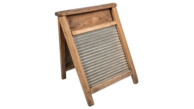 Vintage retro wooden corrugated laundry washing washboard tool isolated on transparent background