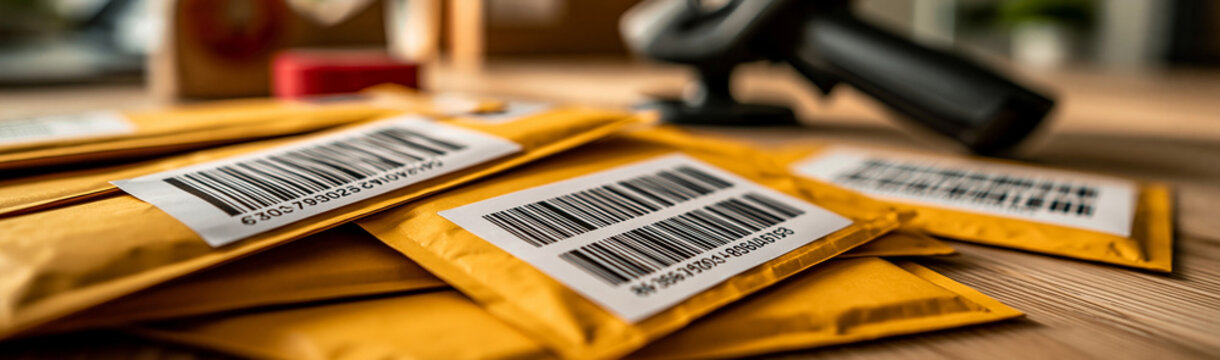 Parcel Delivery Preparation: A close-up shot showcases a pile of padded envelopes with prominent barcodes, ready for shipment, alongside a barcode scanner on a wooden surface.