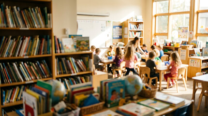 Fototapeta premium Children reading books in a bright classroom library.