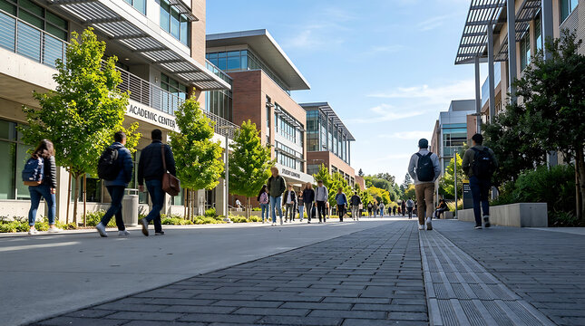 Busy modern campus street with pedestrians and buildings.