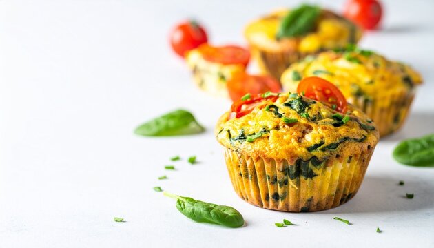 Delicious savory muffins filled with vegetables and herbs, served on a white background.