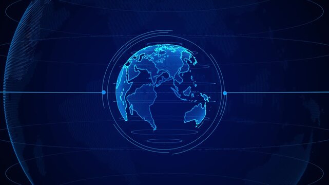 Blue digital globe background world map outlines, orbit rings, network space, futuristic global interface style. news fintech promos, data visuals, broadcast intros, earth titles, technology overlays.