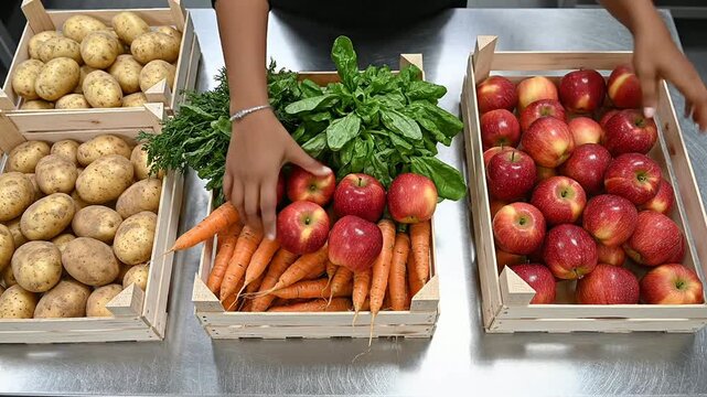 South Asian Female Food Bank Worker Organizing Fresh Fruits And Vegetables In Wooden Crates For Donation And Community Support