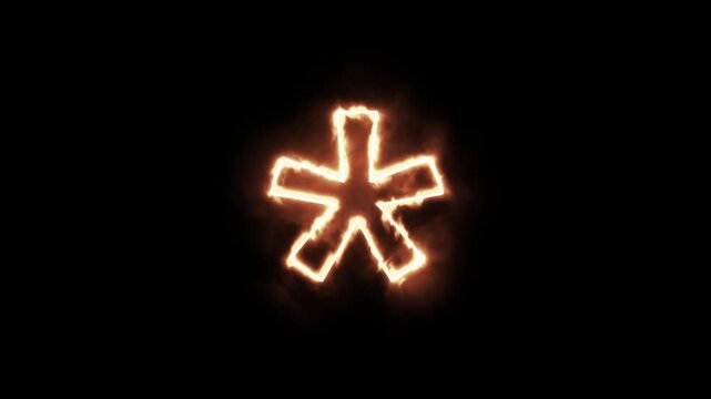Abstract fiery asterisk symbol moving with dynamic energy, glowing neon-like on dark background, seamless loop provides rhythmic and captivating motion, ideal for graphic design elements.
