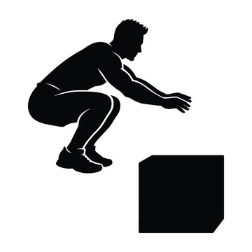 Silhouette of a fit man performing a box jump exercise in a dynamic pose emphasizing strength and athletic training
