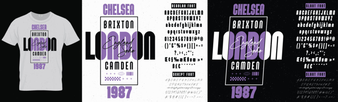 Chelsea Brixton London Camden 1987 typography vector t-shirt design with  script and serif custom font set