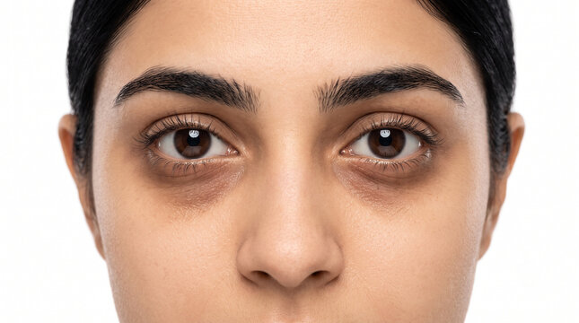 young fair skinned indian woman with severe under eye dark circles extreme close up portrait isolated on white background for skincare