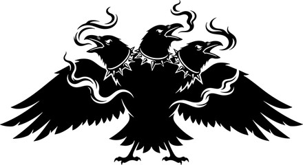 Obraz premium Three-Headed Raven Silhouette with Spiked Collars and Smoke