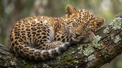 Fototapeta premium Sleeping Baby Leopard Resting on Tree Branch, Sleeping Leopard Cub on Tree Branch in Nature