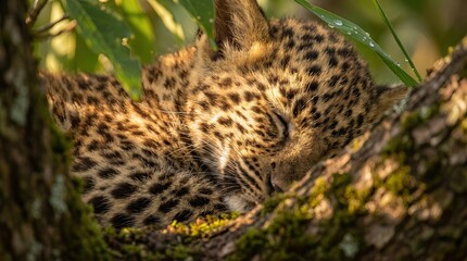 Obraz premium Sleeping Baby Leopard Resting on Tree Branch, Sleeping Leopard on Branch in Natural Habitat